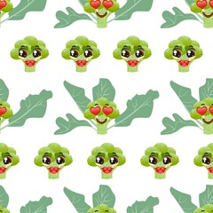 Obraz premium Cute seamless pattern with cartoon emoji broccoli