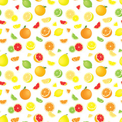 Vector seamless pattern of various, realistic, whole and sliced citrus fruits, isolated, on white background.