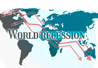 Graphs of economic decline, crisis on a background of a world map. Text World recession. Image elements courtesy of NASA.