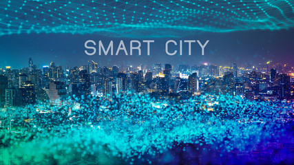 5G,Bigdata,Internet of Things (IoT) and Smart city concept.Double exposure the Night cityscape and...