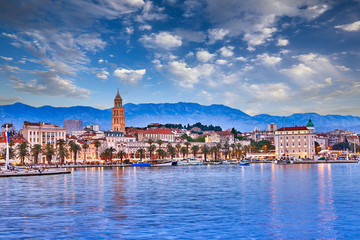 Split, Croatia. View of Split - the second largest city of Croatia at night. Shore of the Adriatic Sea and famous Palace of the Emperor Diocletian. Traveling concept. Mediterranean countries.