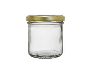 Empty glass jar for canned food, closed with a metal lid. Isolated on a white background