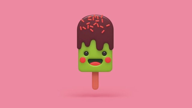 3d animation of funny ice cream with smiling face jumping out of hole in the floor on pink background. Concept art colorful tasty funny happy cartoon kiwi, mint and chocolate ice cream with sprinkling