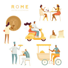 Set of tourists and locals in Rome. Roman holiday. Italians relax, have fun. A couple on a scooter, ice cream seller, Italian restaurant, Mouth of Truth. White background, isolated, flat style