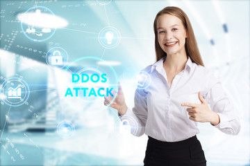 Business, Technology, Internet and network concept. Young businessman working on a virtual screen of the future and sees the inscription: Ddos attack