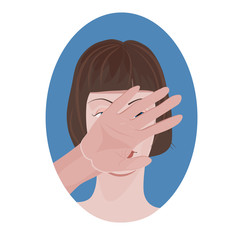 Ban on face recognition. portrait of a Woman with a hand covering her face.  The concept of privacy and personal integrity. Vector illustration.