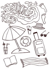 Vacation set vector illustration outlines coloring hand drawing