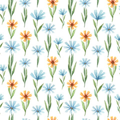 Watercolor seamless pattern with spring wild flowers