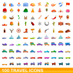 100 travel icons set. Cartoon illustration of 100 travel icons vector set isolated on white background