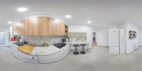 360 equirectangular photography, is a modern kitchen, with new appliances