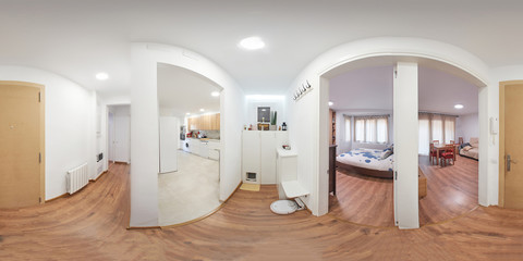 360 equirectangular photography, of the entrance of a flat, in the passage, all the rooms are seen