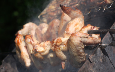 Barbecue grill chicken wings and pork and beef meat .