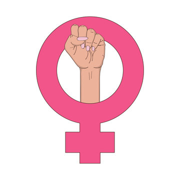 Feminism symbol with female fist raised up. Girl Power concept. Symbol of feminist movement with hand-drawn girl's fist gesture. Vector illustration.