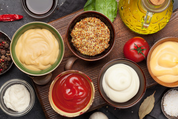 Set of various sauces. Popular sauces in bowls