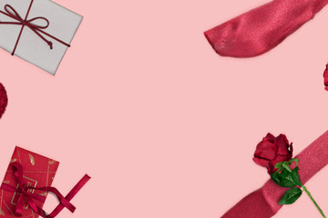 Valentines background, gift boxes and roses and valentine's day concept card Lay flat, top view, copy space