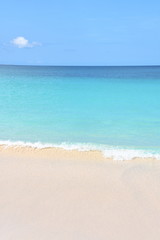 Fototapeta na wymiar Sandy tropical beach and blue turquoise ocean water under blue sky