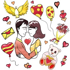 Vector illustration. Ink. Set. Valentine's Day love art hand drawn women and man couple