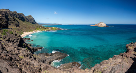 Fototapeta na wymiar Panorama across the East coastline of Oahu over Makapu'u beach with Rabbit and Kaohikaipu islands