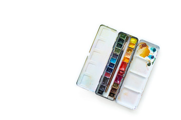 Set of watercolor paints often used by professional artist. Realistic image with spots, blots and...
