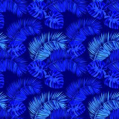 Blue palm and monstera leaves. Vector jungle seamless pattern.