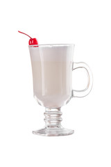 Vanilla milkshake cocktail with cherry in a tall glass Isolated on white background side view