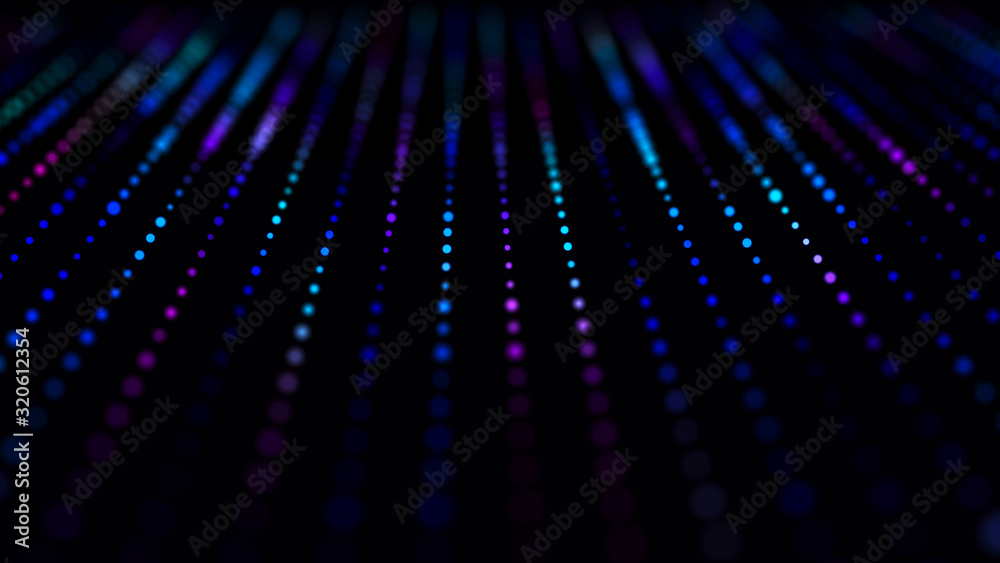 Poster Wave of musical sounds. Abstract background with interweaving of dots and lines. 3D rendering.