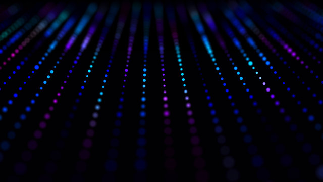 Wave of musical sounds. Abstract background with interweaving of dots and lines. 3D rendering.