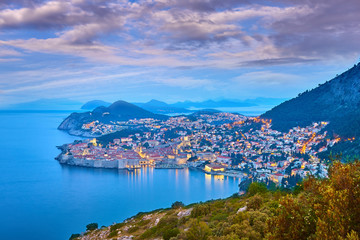 Beautiful aerial view at famous european travel destination in Croatia, Dubrovnik old town, Dalmatia, Europe. UNESCO list. Fort Bokar seen from south old walls on sunrise in dramatic light..