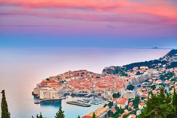 Aerial view at famous european travel destination in Croatia, Dubrovnik old town, Dalmatia, Europe....