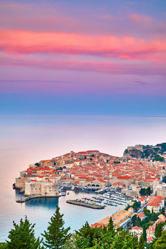 Aerial view at famous european travel destination in Croatia, Dubrovnik old town, Dalmatia, Europe. UNESCO list. Fort Bokar seen from south old walls on a sunny day in dramatic light..