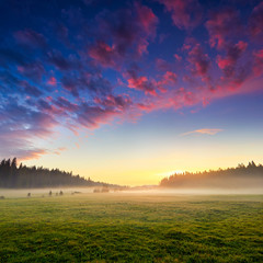 Fototapeta premium Amaizing sunrise view on Durmitor mountains, National Park, Mediterranean, village Zabljak, Montenegro, Balkans, Europe. Strange misty pasture in the sunlight. Bright summer view on alpine valley.