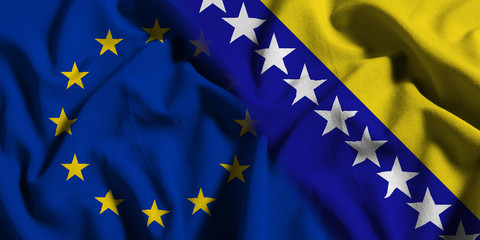 National flag of Bosnia Herzegovina with European Union (EU) flag on a waving cotton texture background