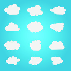 A selection of clouds of different shapes and sizes on a sky background.