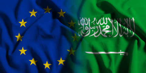 National flag of Saudi Arabia with European Union (EU) flag on a waving cotton texture background