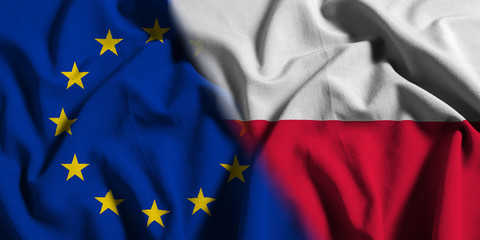 National flag of Poland with European Union (EU) flag on a waving cotton texture background