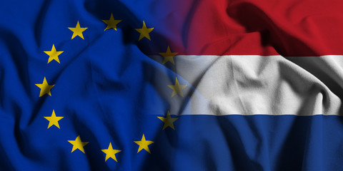 National flag of the Netherlands with European Union (EU) flag on a waving cotton texture background