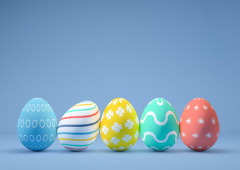 Row of funny easter eggs decorated with different colors and designs. 3D render illustration. Space for text on blue background. Happy Easter.