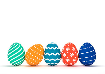 Illustration of a row of funny easter eggs decorated with different colors and designs. Space for text on white background. Happy Easter.
