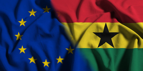 National flag of Ghana with European Union (EU) flag on a waving cotton texture background