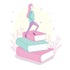 Young woman reading a book sitting at the desk with piles of books. Student girl at the library. Flat style vector illustration isolated on white background.