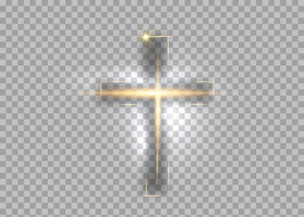 cross of light, shiny Cross with golden frame symbol of christianity. Symbol of hope and faith. Vector illustration isolated on transparent background - obrazy, fototapety, plakaty