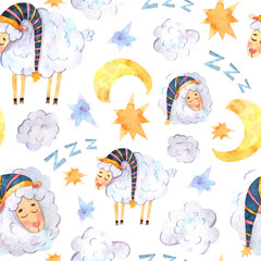 Le motif à l& 39 aquarelle sans couture avec des agneaux endormis dans des casquettes rayées, des étoiles multicolores et la lune convient au tissu, à l& 39 impression, au papier peint, aux vêtements et textiles pour bébés, aux souvenirs, aux couvertures 