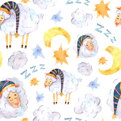 Gordijnen Naadloos aquarelpatroon met slapende lammeren in gestreepte mutsen, veelkleurige sterren en de maan is geschikt voor stof, bedrukking, behang, babykleding en textiel, souvenirs, hoezen en scrapboo © CreatArtStudio