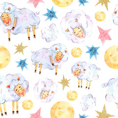 Seamless watercolor pattern with sleeping sheep, multi-colored stars and lumps of wool is suitable for fabric, printing, wallpaper, baby linen and textiles, souvenirs, covers and scrapbook paper