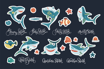 Happy shark flat vector sticker set with lettering text quotes . Underwater fish animal family cute collection in a flat style. Baby, mommy, daddy, sister and brother shark doo doo doo.
