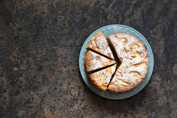 Charlotte - a classic pie with apples on a concrete background.