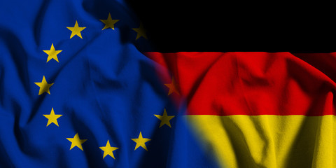 National flag of Germany with European Union (EU) flag on a waving cotton texture background