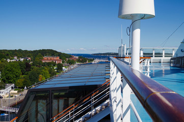 View over Kieler Förde and bay from cruiseship or cruise ship liner in summer with scenery and...