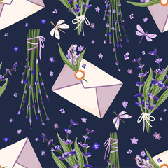 Provence seamless vector vintage pattern in a flat style. Lavender blossom flower bouquet summer art with envelope letter and butterfly.