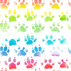 Materiał do szycia Animal footprint seamless pattern with watercolor rainbow paws.